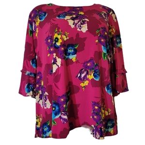 Susan Graver Girly Pink Floral Ruffle Bell Sleeve Plus 2x Top 22/24w 3x